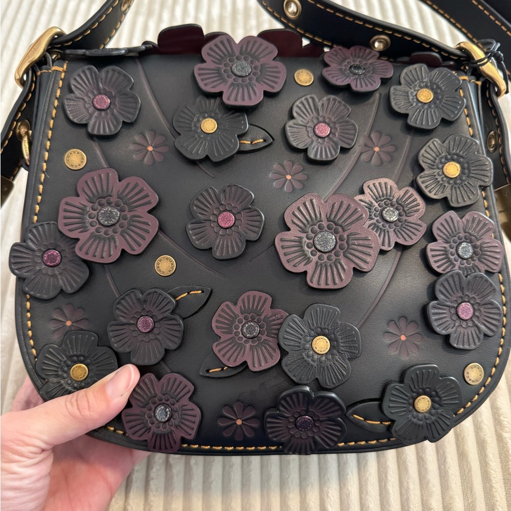 NWT Coach Floral Embellished Shoulder Bag - Black and Purple - Picture 7 of 15
